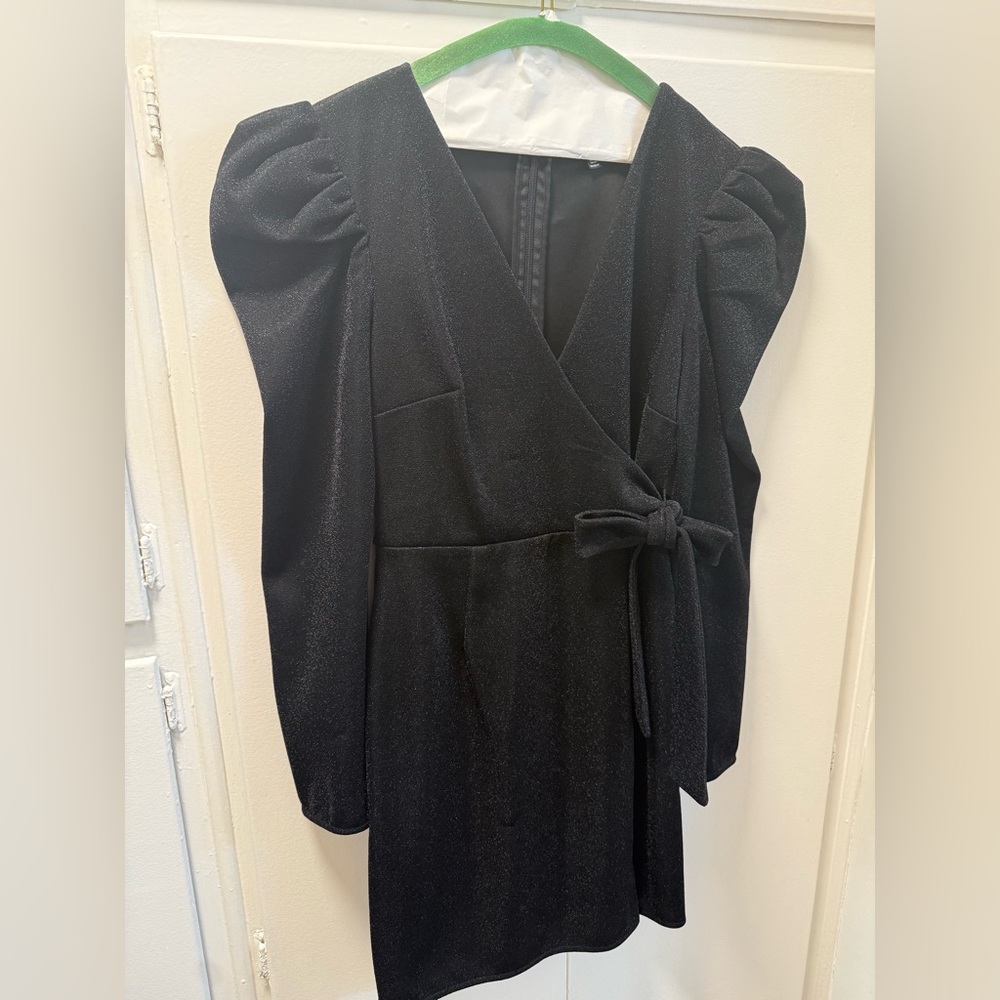 Topshop Black Sparkly Puff Sleeve Wrap Dress